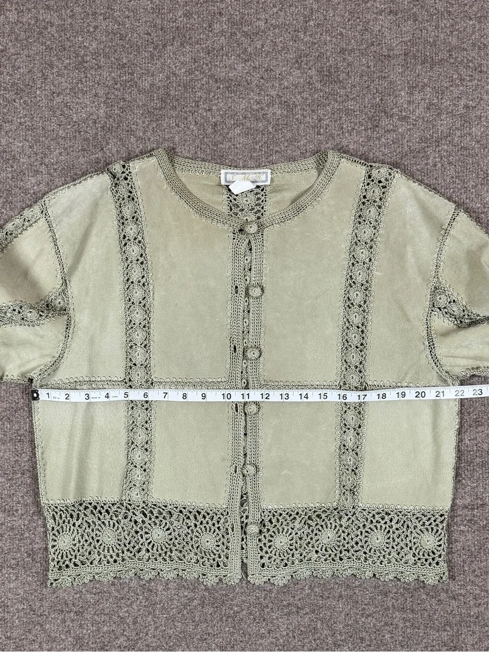 Vintage Sage Green Suede Leather Patchwork Crochet Cardigan Jacket Women’s Large